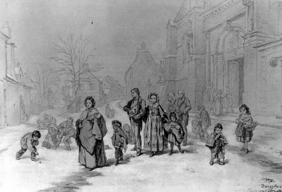 People Leaving Church in Winter