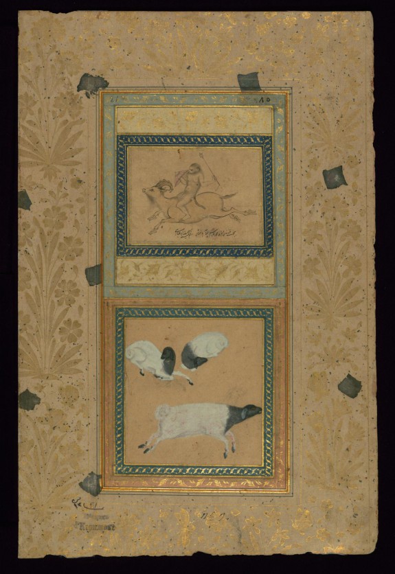 Monkey Riding a Goat and Three Sheep