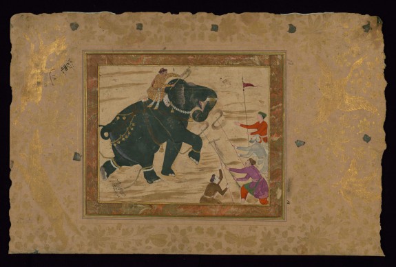 Single Leaf of an Elephant with Mahout Attacking Four Men