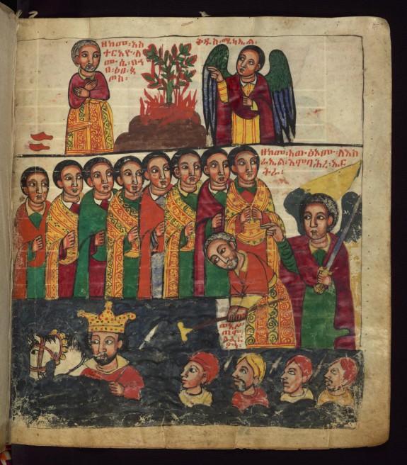 Above: St. Michael with Moses at the Burning Bush;
Below: St. Michael instructs Moses to touch his staff to the Red Sea