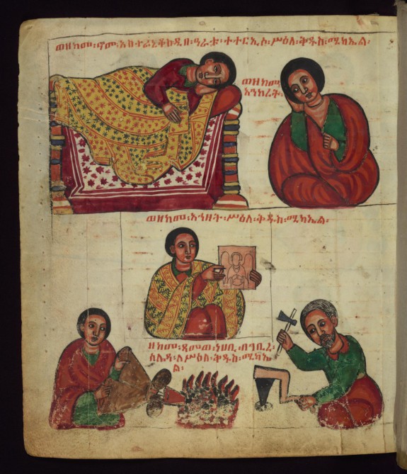 Above: How Astaraniqos slept on his bed using the picture of St. Michael as a pillow;
Below: How a blacksmith toiled in making a panel for the picture of St. Michael