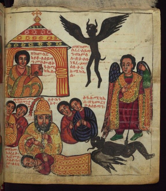 Above: How Satan flew away like a raven/crow when Euphemia showed him the picture of St. Michael;
Below: How Satan came (again) looking like four women and St. Michael trod on him