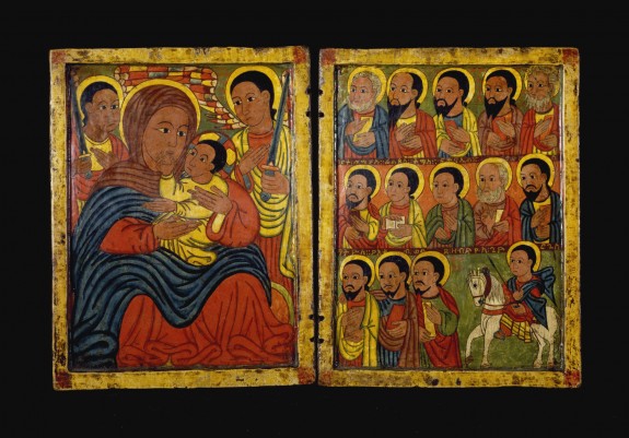 Diptych with Mary and Her Son Flanked by Archangels, Apostles and a Saint