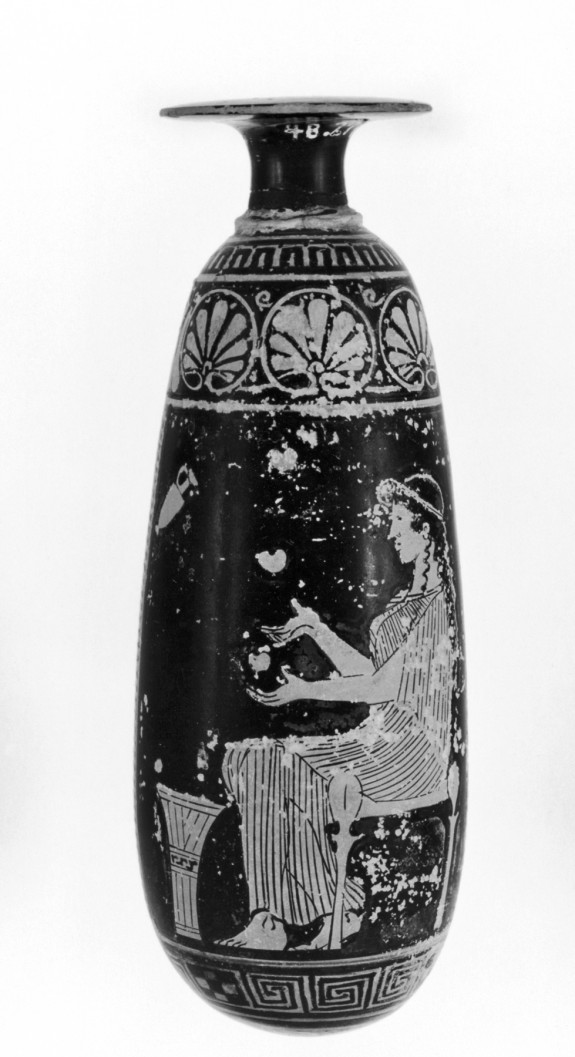 Alabastron Depcting A Seated Woman and A Woman Walking to the Right Toward a Chair