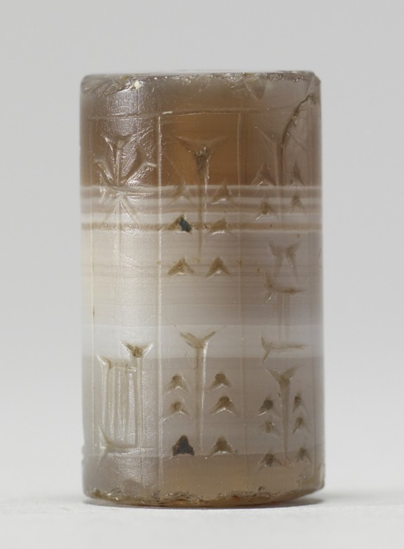 Cylinder Seal with Goddess, Two Bearded Males and Inscriptions
