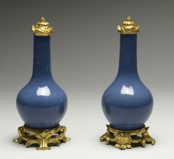 Pair of Powder Blue Bottles with Prunus Blossoms