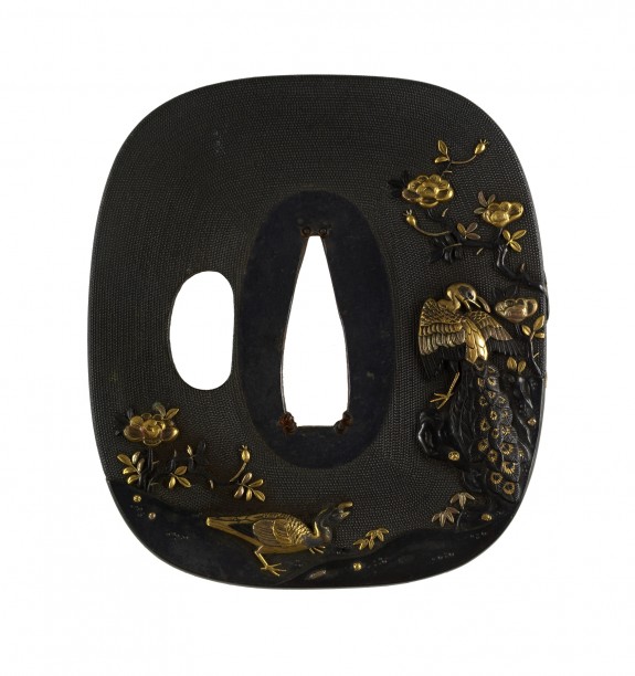 Tsuba with Peacocks and Peonies