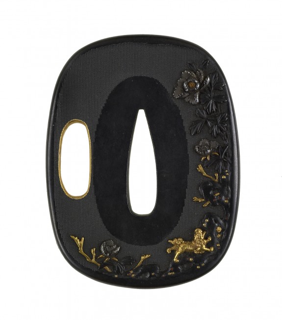 Tsuba with a Chinese Lion on Rocks under Peonies