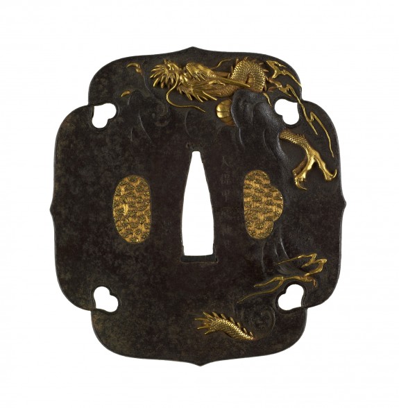 Tsuba with Dragon Ascending Through Clouds