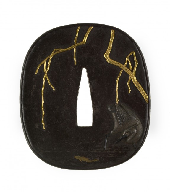 Tsuba with a Heron under a Winter Willow