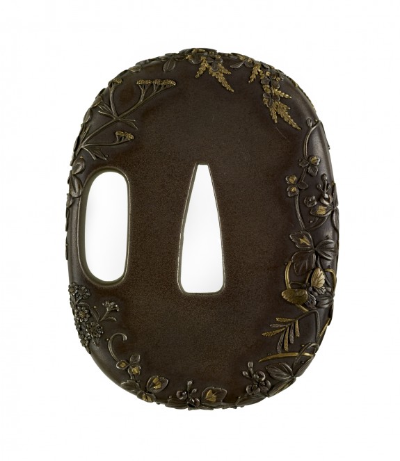 Tsuba with Autumn Grasses with Spider and Butterflies