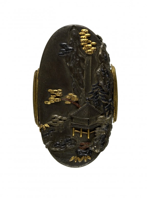 Kashira with Mountain Landscape and Waterfall