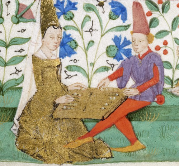 detail of man and woman playing backgammon