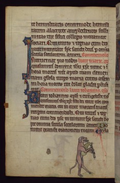 Dog playing bagpipes, from a marginal cycle of images of the funeral of Renard the Fox