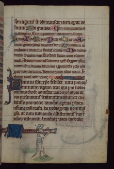 Tibert the Cat carrying the front of Renard the Fox's bier, from a marginal cycle of images of the funeral of Renard the Fox
