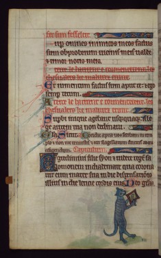 Cat beating a cymbal, from a marginal cycle of images of the funeral of Renard the Fox