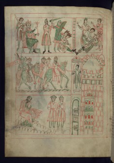 Execution of King Sedekiah of Judah's sons; Blinding of Sedekiah; Return to Babylon with the blinded king; Jeremiah lamenting before a walled city