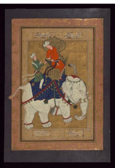 Two Young Men Riding a White Elephant
