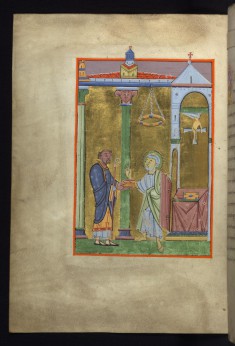 An abbot presents the book to St. Peter