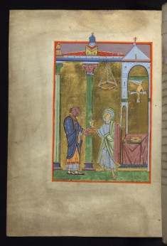 An abbot presents the book to St. Peter