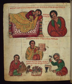 Above: How Astaraniqos slept on his bed using the picture of St. Michael as a pillow;
Below: How a blacksmith toiled in making a panel for the picture of St. Michael
