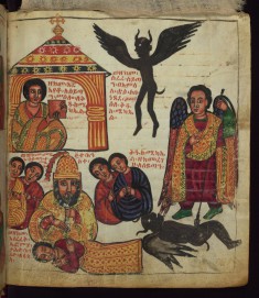 Above: How Satan flew away like a raven/crow when Euphemia showed him the picture of St. Michael;
Below: How Satan came (again) looking like four women and St. Michael trod on him
