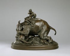 Indian Mounted on an Elephant Crushing a Tiger