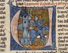Initial V with Godefroy de Bouillon and Four Knights