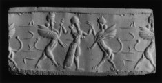 Cylinder Seal with Bearded Hero, Female Sphinxes and Inscription