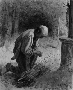 Woodcutter Kneeling before a Forest Shrine