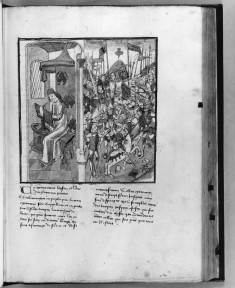 Leaf from Chroniques des Rois de France: Einhard Writing the Life of Charlemagne (Left) and Charlemagne in Battle (Right)