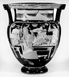 Column Krater Depicting Symposiasts and a Satyr Dancing with Youths