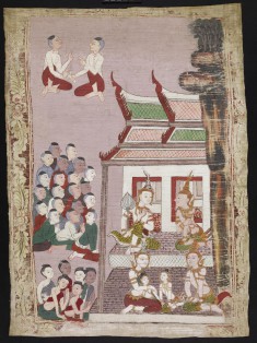 Vessantara Jataka, Chapter 12 (Royal Six Reunited): Above: Vessantara and King Sanjaya; Below: Maddi, Kanha, Jali, and Queen Phusatti