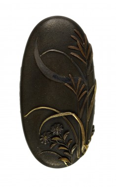 Kashira with Chrysanthemums, Pampas Grass, and Crescent Moon