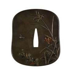 Tsuba with a Sparrow and Autumn Foliage