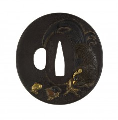 Tsuba with Rooster, Hen and Chicks