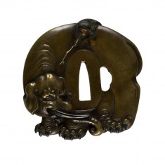 Tsuba with a Monkey Teasing an Elephant with a Stick