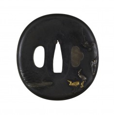 Tsuba with Cranes and Blossoming Plum at Water's Edge