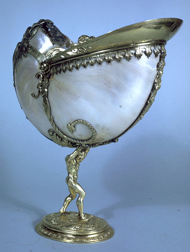 Image of Cup, polished Nautilus shell, hints of golden pigment, carved wood