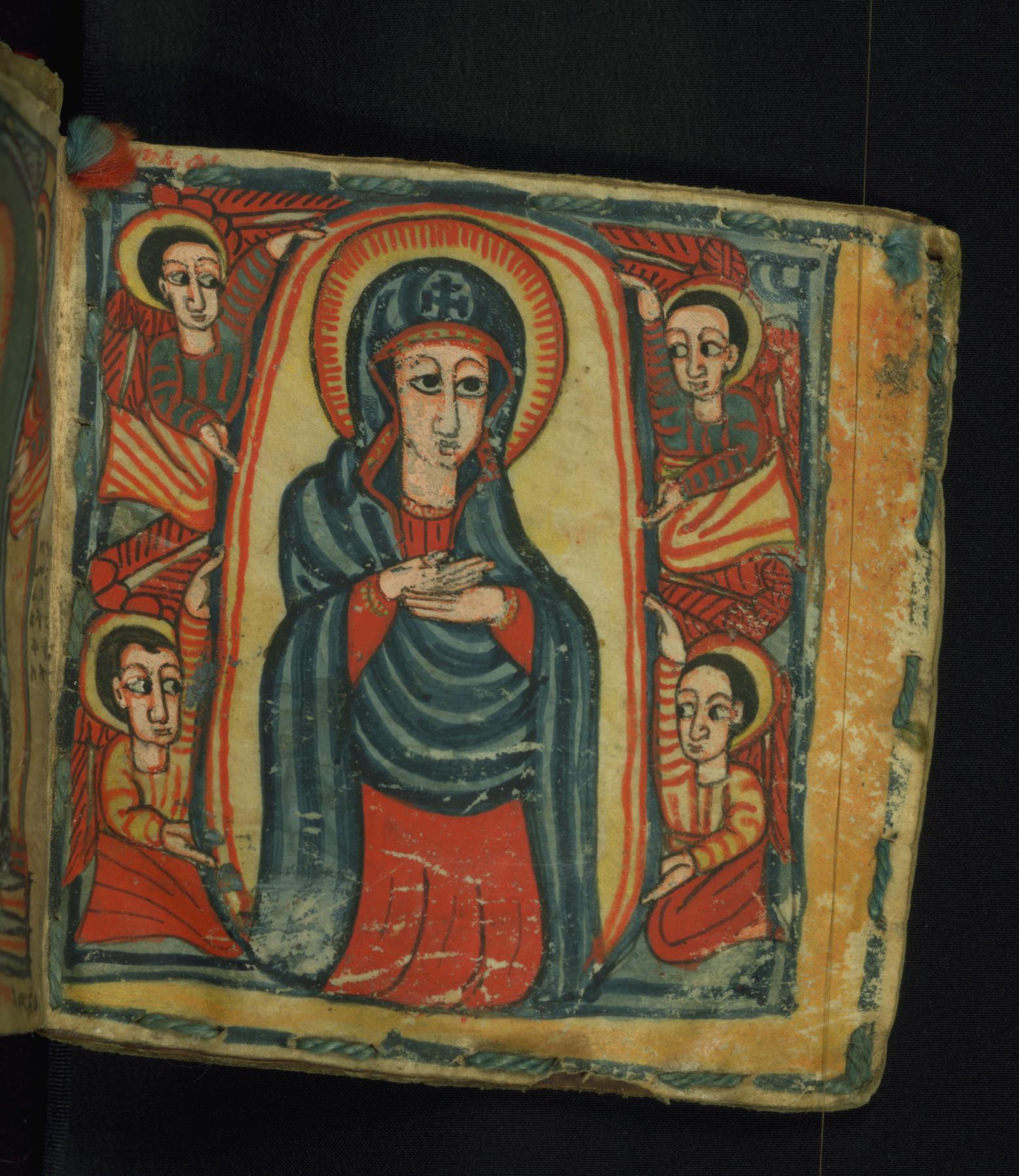 Image for Binding from Gondarine sensul. Upper board inside:  Joachim and Anna presenting Mary to the temple; Lower board inside: Mary enthroned.