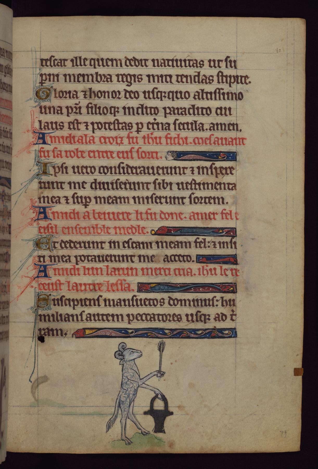 Image for Leaf from Book of Hours: Ram with Situla Sprinkling Holy Water with an Aspergillum from a Marginal Cycle of Images of the Funeral of Renard the Fox