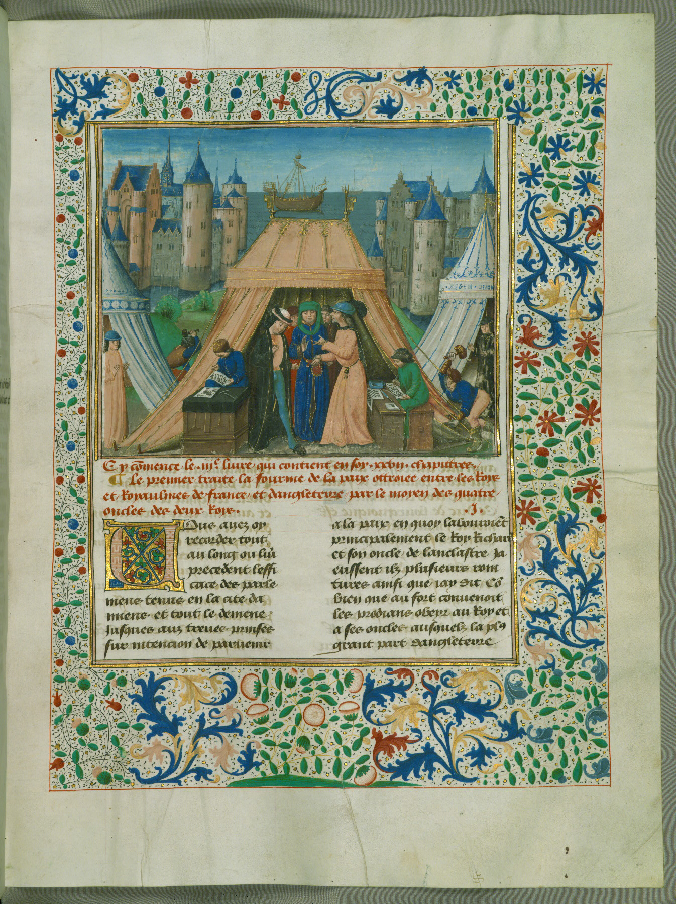 Image for Leaf from Chronicles of England, Volume IV: French and English representatives meet at Leulighem, the "Peace of Duke Philip"