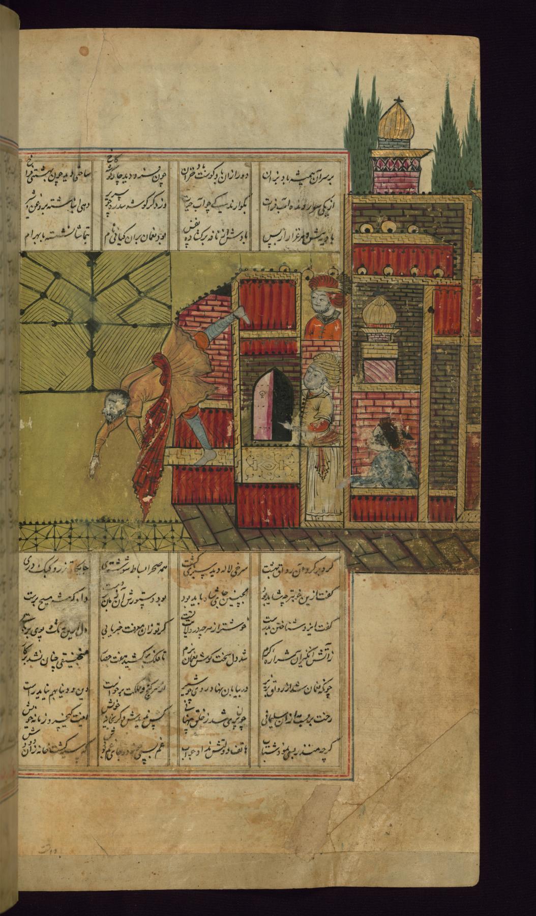 Image for Nu'man, Father of Bahram Gur, Throws a Builder from the Roof of the Palace Khavarnaq