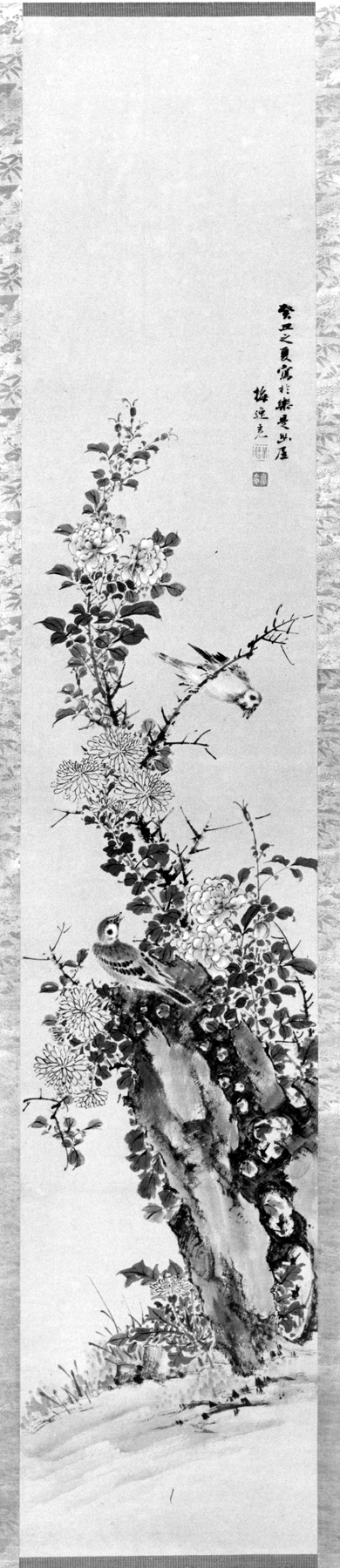 Image for Scroll Painting with Sparrows, Flowering Plants, and Rock