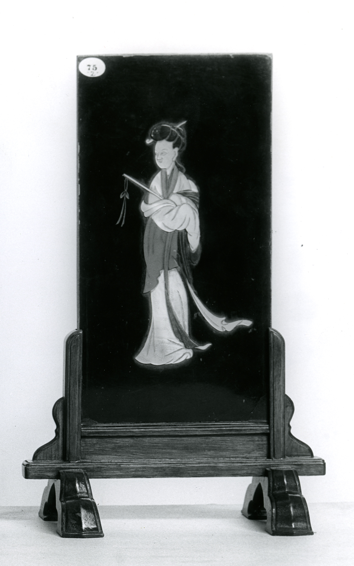 Image for Lacquer table screen & wooden stand; Female figure with poem on reverse