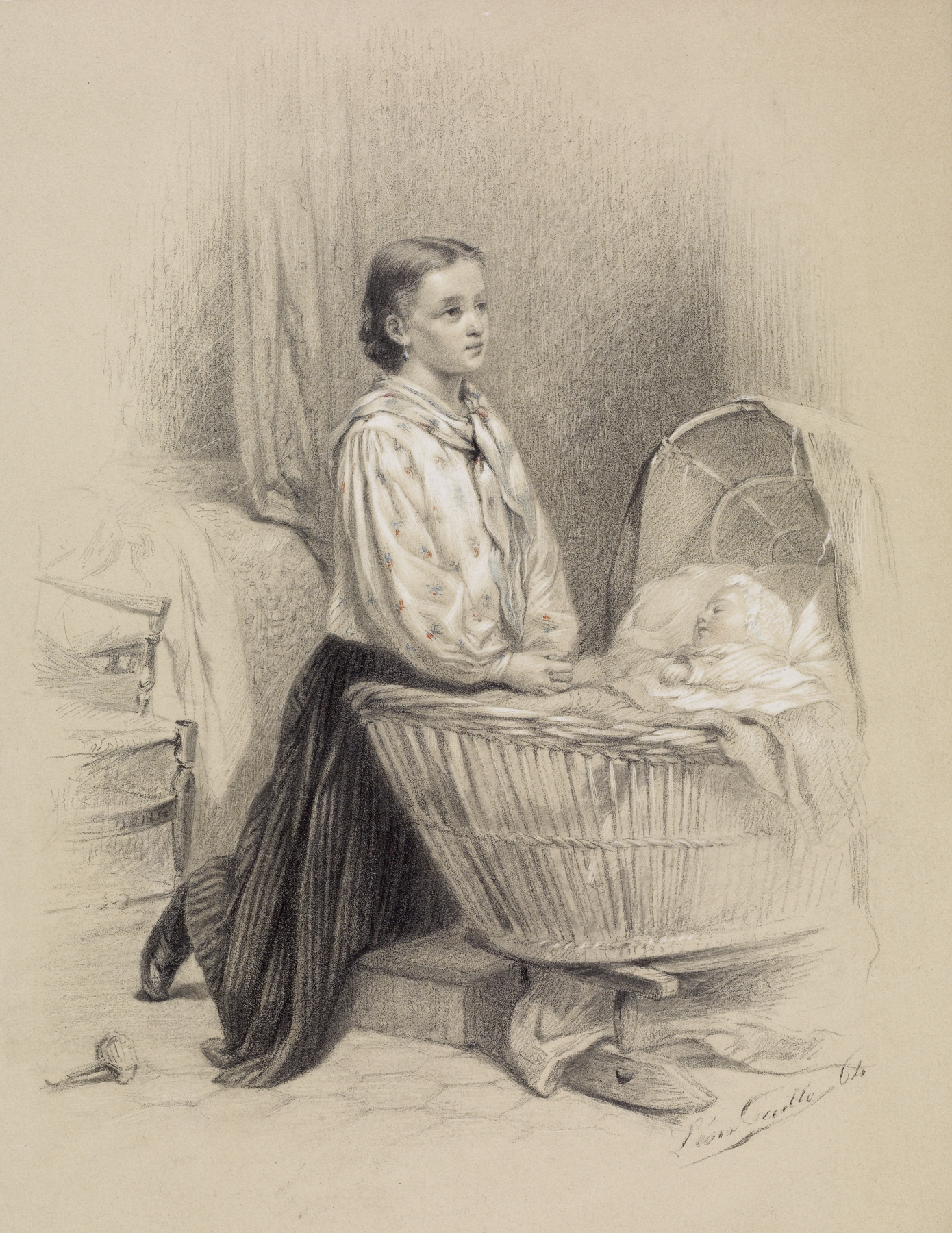 Image for Young Woman Praying Beside Baby's Cradle