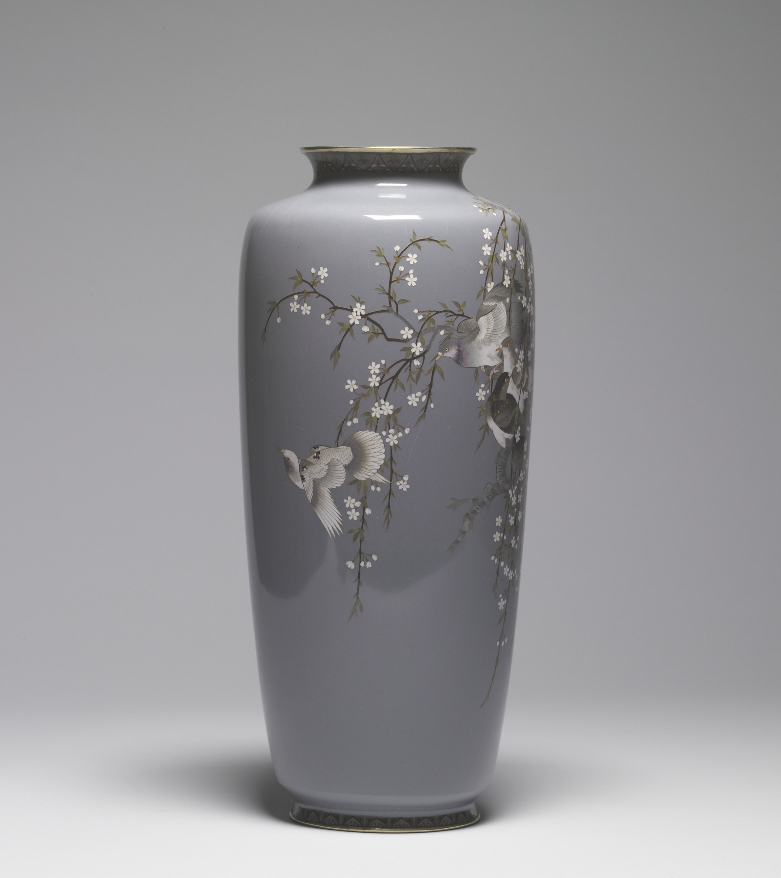 Image for Vase with Four Pigeons in Weeping Cherry Tree on Deep Grey Ground