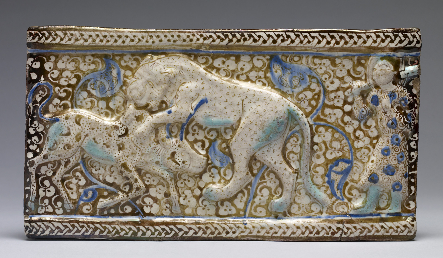 Image for Fritware Tile with a Lion Attacking a Zebu