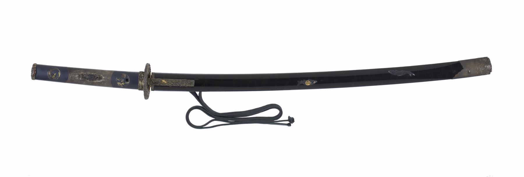 Image for Long sword (katana) with black lacquer saya with raised waves, fish, octopus and mon (includes 51.1264.1-51.1264.3)