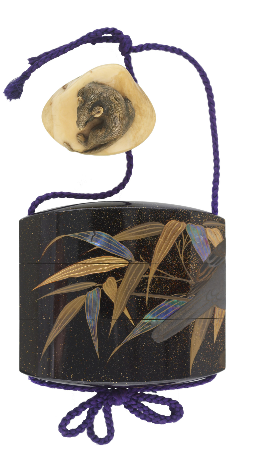 Image for Inro with Two Sparrows on Bamboo with Netsuke of a Rat on a Clam Shell